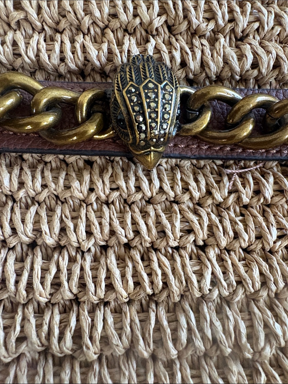 Kurt Geiger Beige Straw Tote with Brown Leather & Gold Chain Handles - Picture 2 of 10